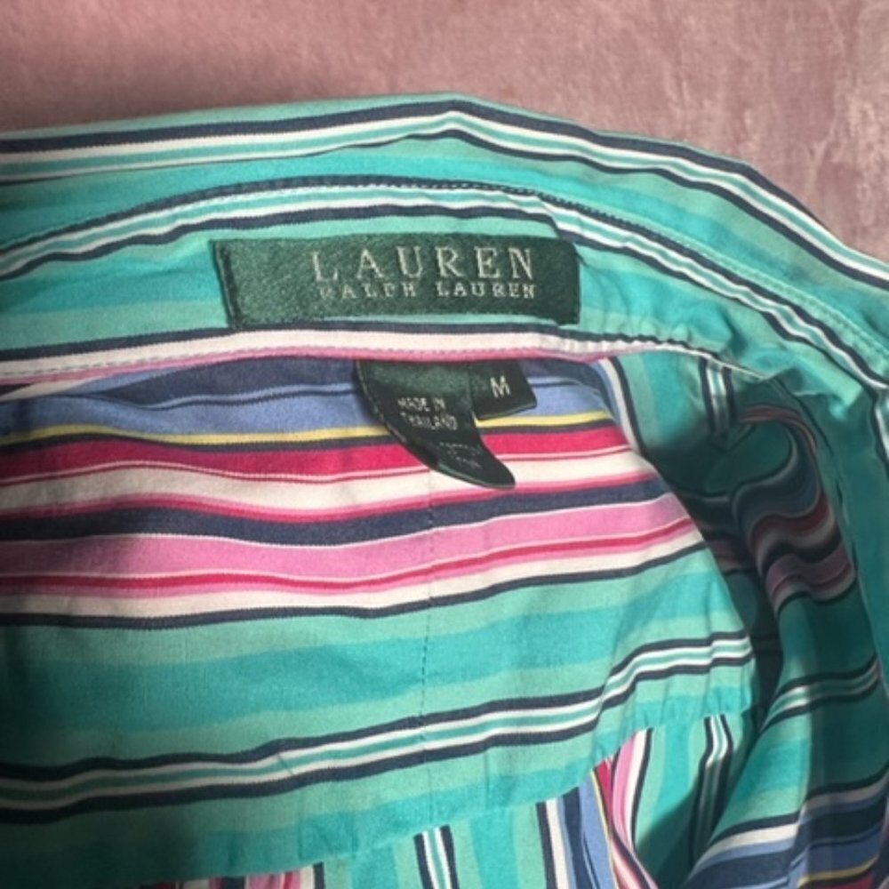 Ralph Lauren Lauren Womens Blue Pink Stripped Button Down Mid Sleeve Size Medium - Picture 5 of 6